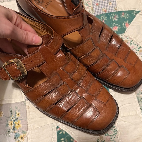 Prada Men's Tan Leather Buckle Loafers